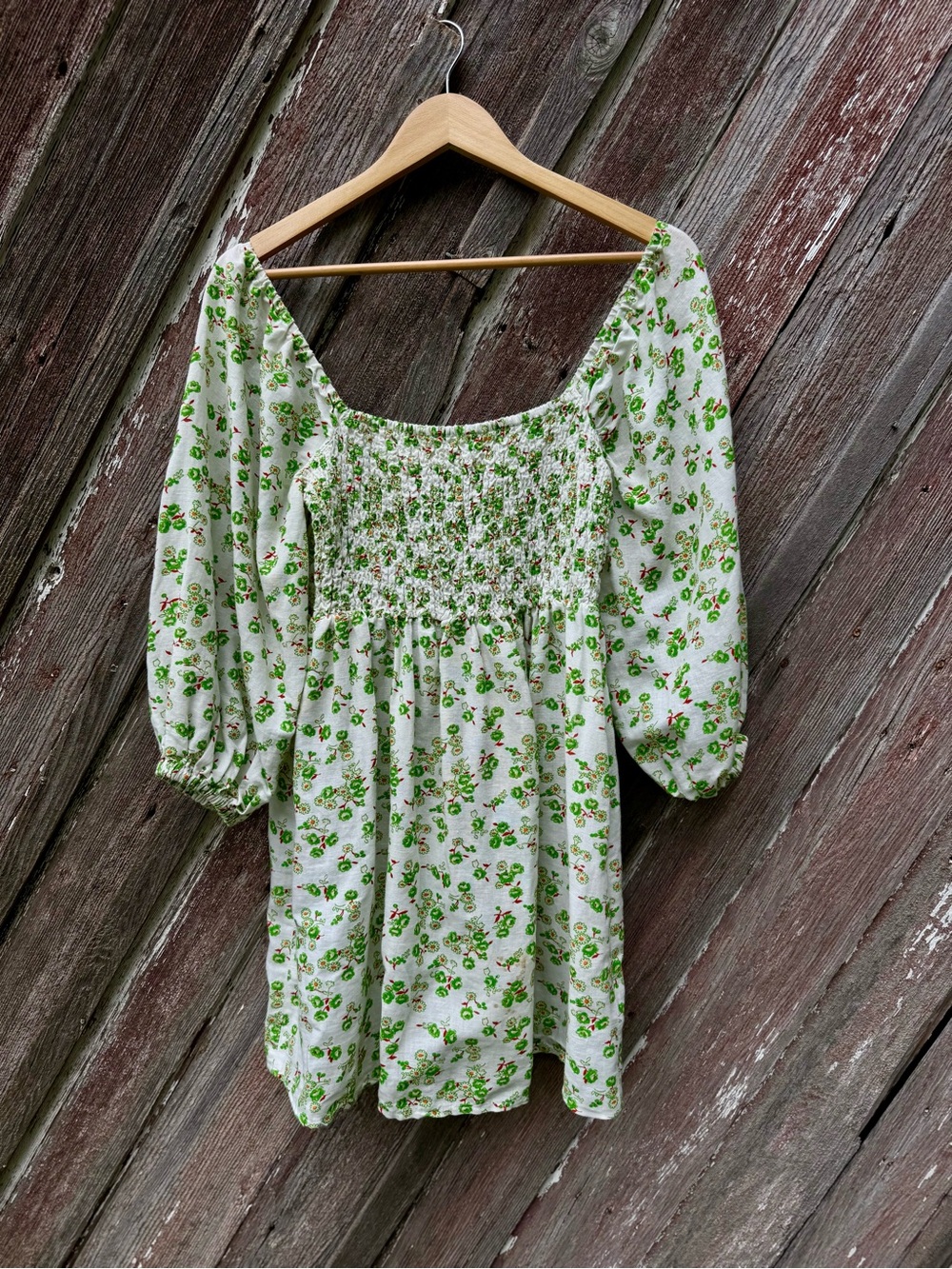 Urban Outfitters Linen Cotton Floral Smocked Puff Sleeve Mini Dress Cottagecore